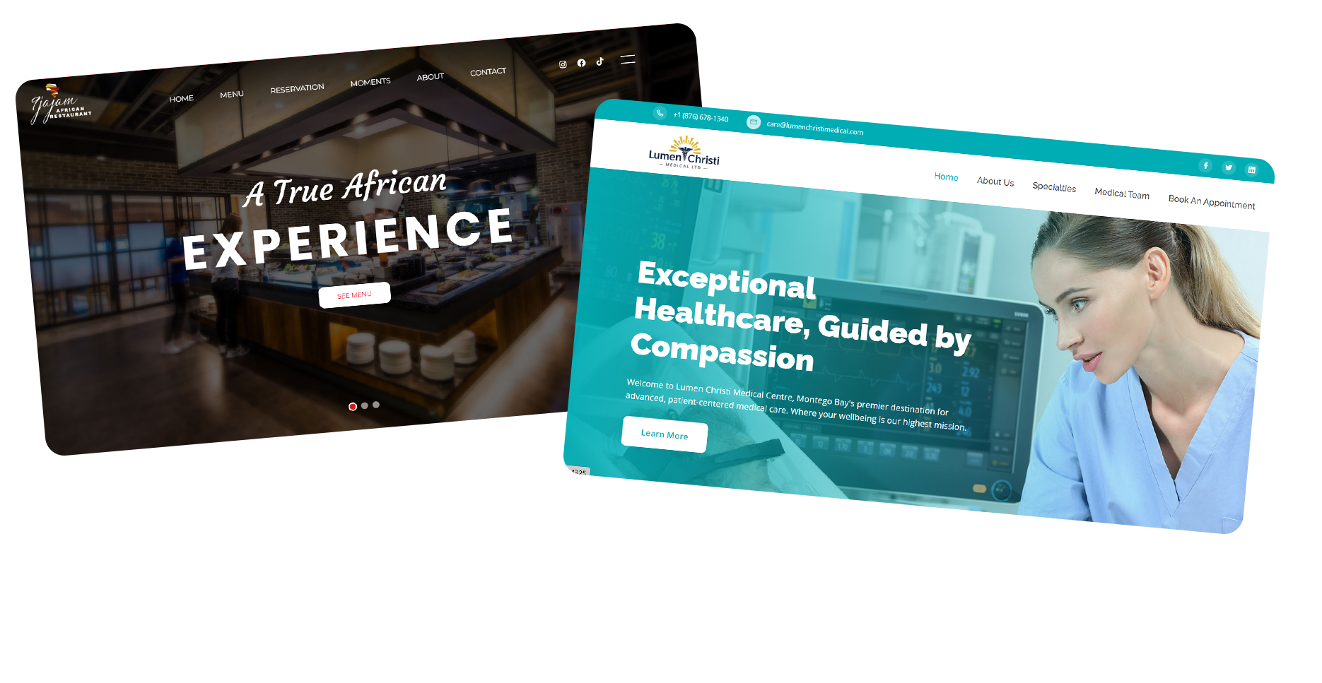 View of two website interfaces with modern design. The first screen shows the title 'Behind the Code' with a rocket and dark background, explaining the origin of a community software project. The second screen presents a platform for finding speakers, with an attractive design, expert photos, and a prominent search button.